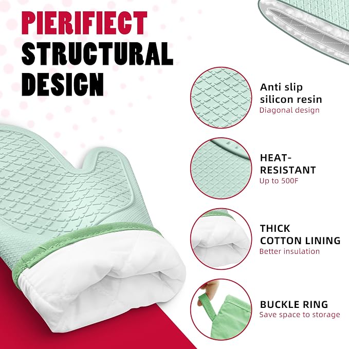 Silicone Oven Mitts，Heat Resistant up to 500°F, Oven Gloves with Soft Lining, Non-Slip Kitchen Essentials, Kitchen Gadgets, Apartment Essentials, Great Gift for Cooking (green-1pair)