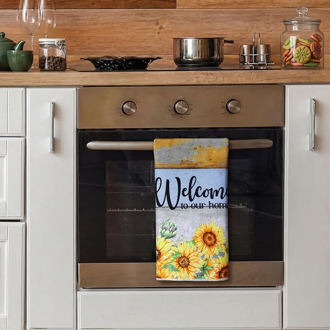 4 Pcs Sunflower Kitchen Towels Farmhouse Hand Dish Towels | Absorbent Fast Drying Decor Welcome Home Floral Dishcloth Housewarming Gift for Spring Summer Cooking Bathroom Kitchen Decor