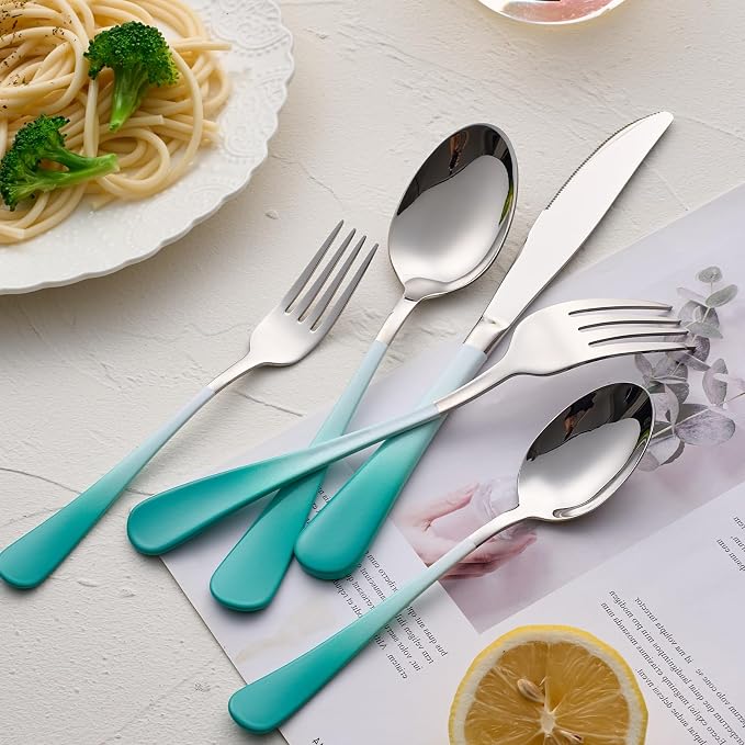 20-Pieces Color Silverware Sets for 4,Green and White Handle Stainless Steel Cutlery Set, Include Forks Spoons and Knives Set, Dishwasher Safe Utensil Sets for Home Restaurant