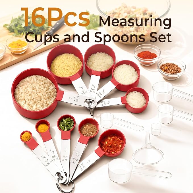 16PCS Measuring Cups and Spoons Set, Measuring Spoon Set with Metric and US Measurements, Fits for Measuring Dry and Liquid (Red)