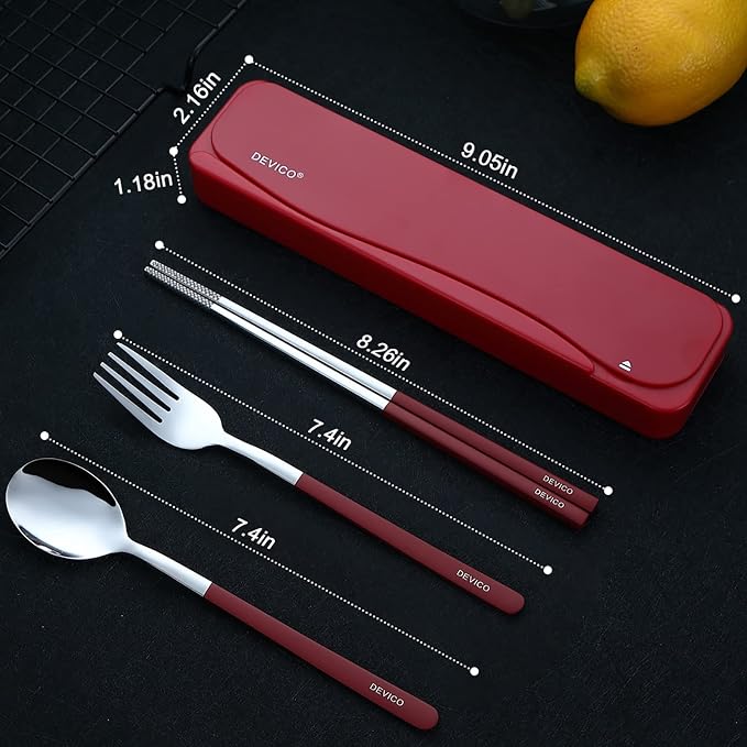 DEVICO Travel Utensils with Case, 4Pcs Portable Silverware Set for Work, 18/8 Stainless Steel Reusable Cutlery, Korean Spoon and Chopsticks Fork for Camping, School, Lunch Box Accessories (Red)