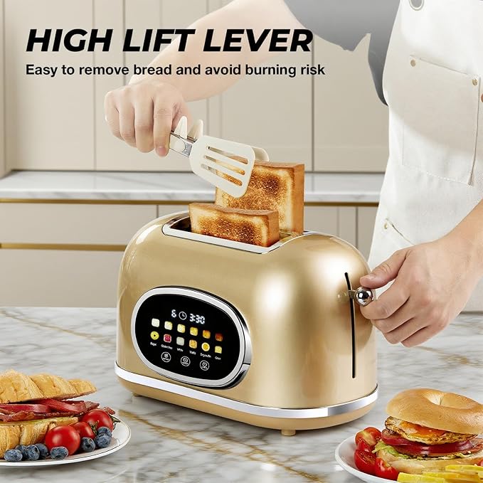 Roter Mond Smart 2 Slice Toaster, Touchscreen, Bagel Defrost, Gold | Retro stainless steel, digital timer & sleep mode, 6 bread types & shades, defrost/reheat/cancel,even toasting wide slots