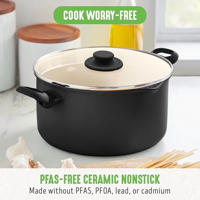 GreenLife 6QT Ceramic Nonstick Stockpot with Glass Straining Lid, Black | PFAS-Free Ceramic Nonstick Coating, Large Cooking Pot, Soup Pan, Stay-Cool Handles, Dishwasher & Oven Safe up to 350F