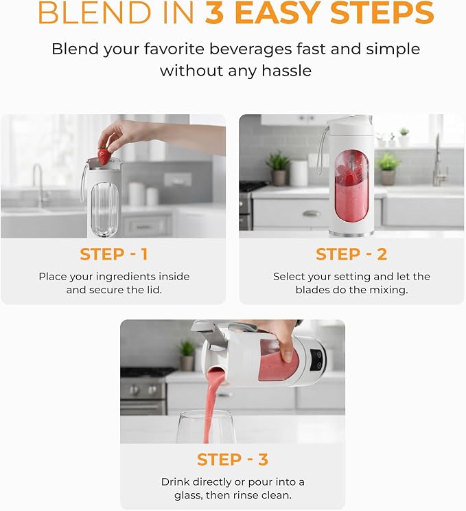 Pursonic Portable Blender Cup with 50W Motor and 12-Blade System, USB-C Rechargeable Personal Juicer for Smoothies Shakes and Baby Food - 3 Speed Settings - 15.2 oz - White