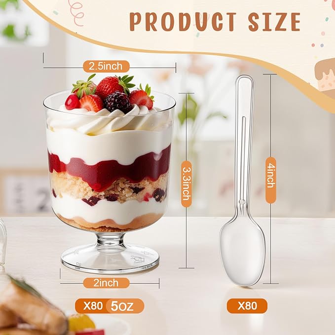 160 Pack Dessert Cups with Spoons,5Oz Disposable Clear Plastic Parfait Cup Mini Appetizer Cups Dessert Shooter Cups for Pudding Ice Cream Mousse Birthday Party Events Supplies