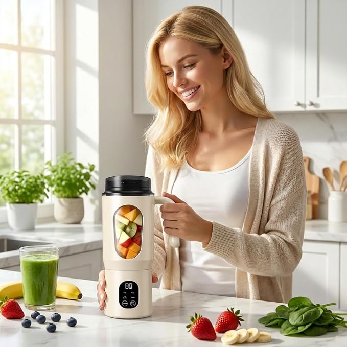 Lilogi 580ML Portable Blender with LED Display, 12-Blade USB-C Rechargeable Travel Blender with Handle & Extra Lid, Ideal for Kitchen, Office, Gym & Outdoor Sports