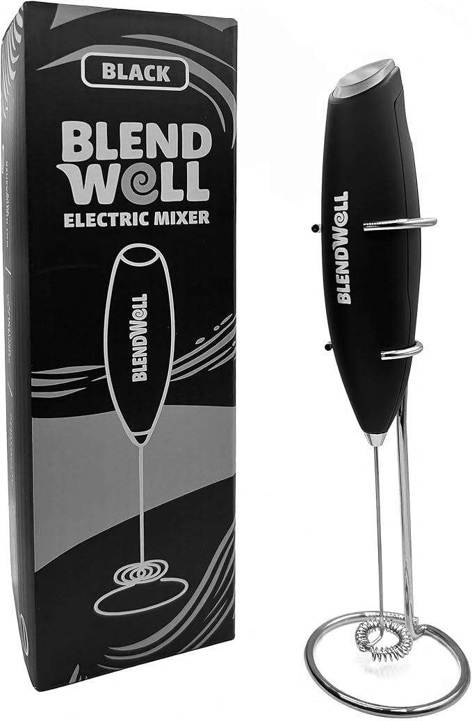 BlendWell Electric Milk Frother for Matcha and Coffee, Handheld Battery Operated Drink Mixer with Stand, Stainless Steel Whisk, Black