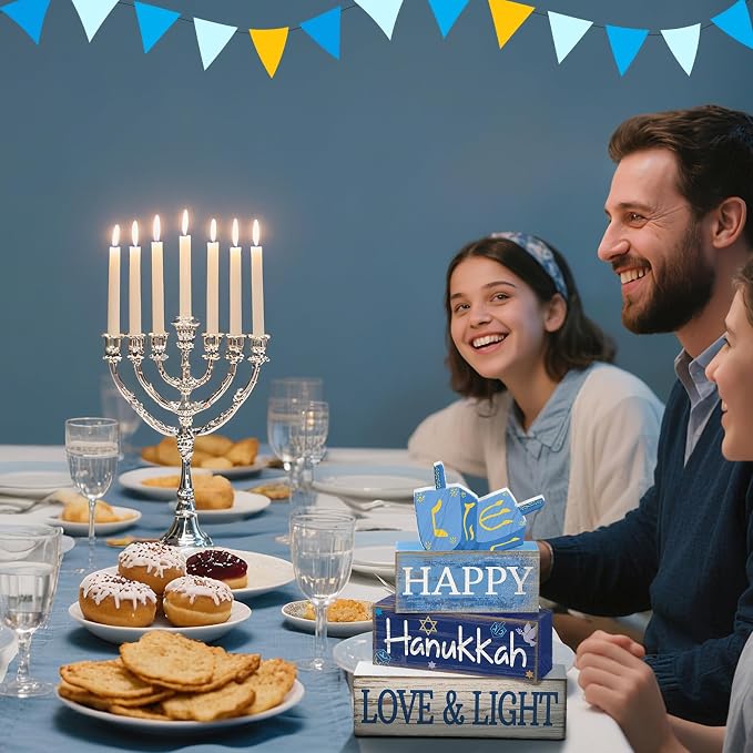 Lineshading 4 Pcs Wooden Hanukkah Decor Farmhouse Blocks with Dreidel | Tiered Tray Display, Rustic Tabletop Signs with HAPPY LOVE LIGHT Text, Home Shelf Decorations, Jewish Holiday Gift