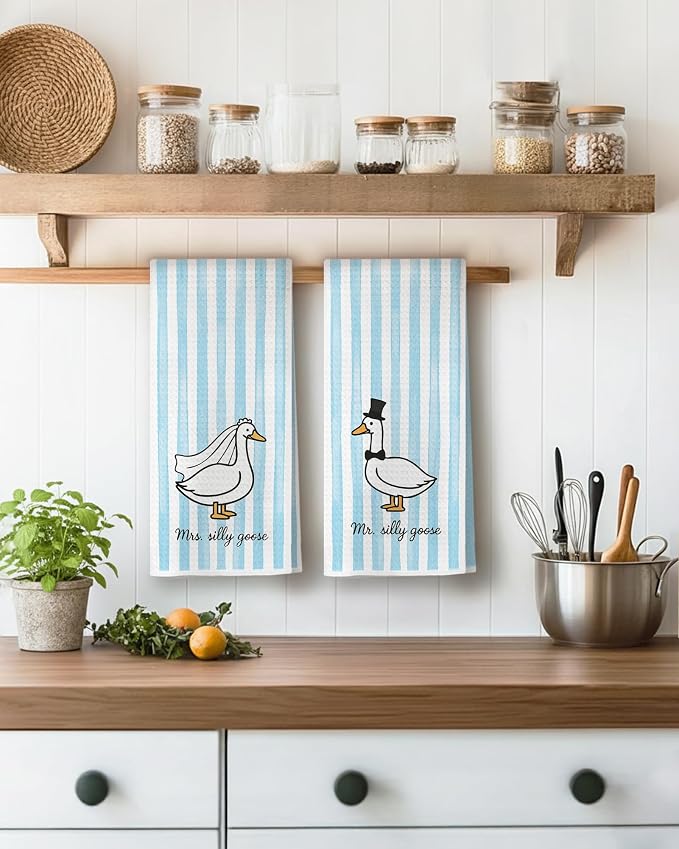 Mr and Mrs Goose Blue Striped Kitchen Towels 16x24 Inch, Wedding Gifts for Couples Newlyweds Dish Tea Towels for Kitchen Decor, Just Married Gifts Decorative Hand Towel for Bathroom, Set of 2