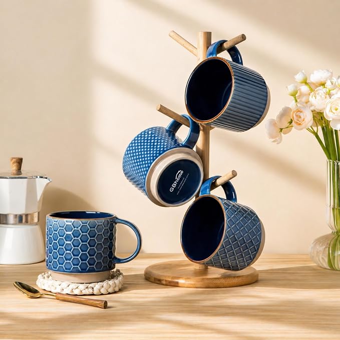 GBhome 12 OZ Stackable Coffee Mugs, Ceramic Coffee Mugs with Texture Patterns for Man,Woman,Dad,Mom, Modern Coffee Cups Set of 4 for Latte/Cappuccino/Cocoa. Dishwasher&Microwave Safe | 4 Assorted Designs, Embossed Mugs with Texture Patterns for Tea/Cof...