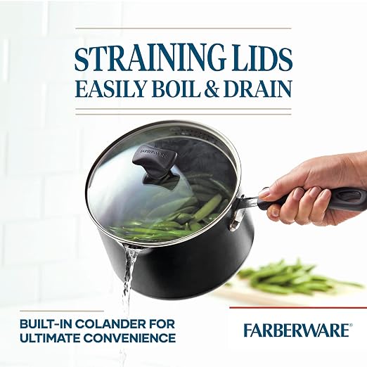 Farberware Cookstart Aluminum DiamondMax Straining Nonstick Saucepan, 3-Quart, Black