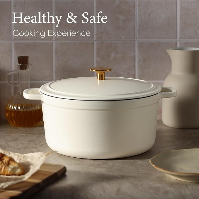 CAROTE 5QT Cream White Enameled Cast Iron Dutch Oven Pot with Lid | Used for Sourdough Bread Baking, Braising, Healthy Non Toxic Cookware Dual Handles, Oven Safe up to 500° F