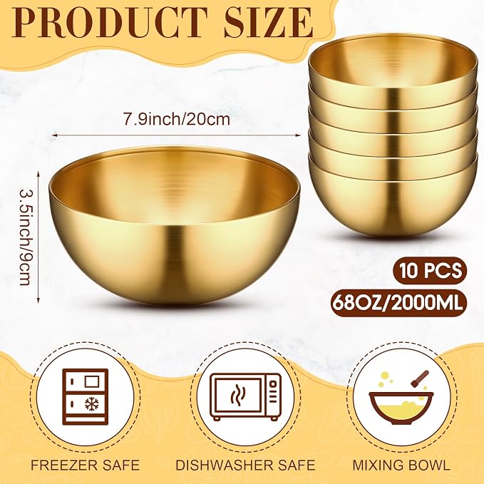 Nuogo 10 Pcs Gold Bowls 7.9 Inch Stainless Steel Mixing Bowls Decorative Esthetician Bowl for Facial Metal Serving Bowl for Holiday Birthday Party Wedding Baking Prepping Salad Fruit Soup