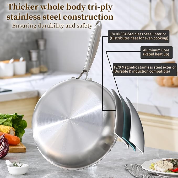 DELARLO Tri-Ply Stainless Steel Pan, 18/10 Frying Pan, Oven Safe Up to 600°F, Nontoxic Cookware, Compatible with All Cooktops Skillet, Durable, Fast Even Heat Fry Pan,12.5 inch Steel Frying Pan