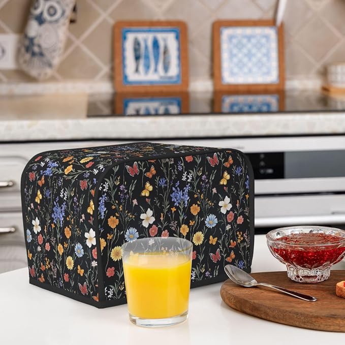 2 Slice Toaster Cover Vintage Botanical Flower Wildflower Dust Proof Washable Kitchen Appliance Cover with Pocket, Oxford Fabric Countertop Toaster Protector for Standard Toasters Small Appliances