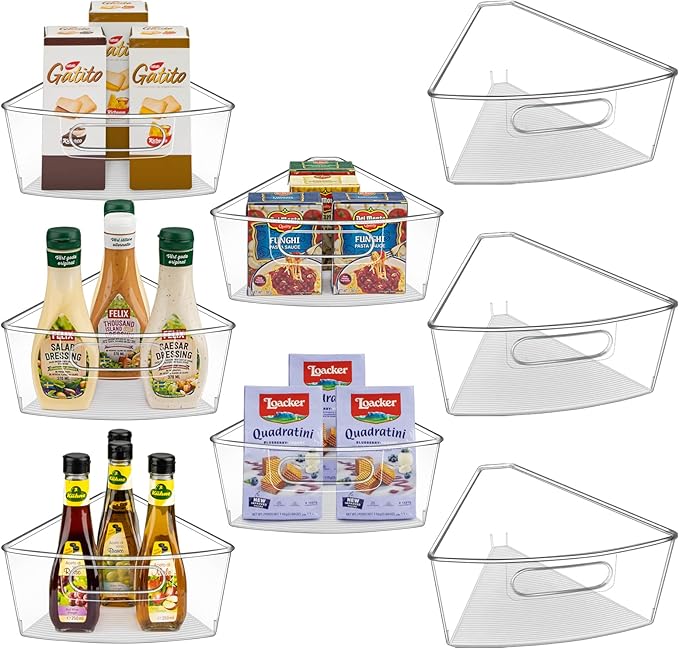 Lazy Susan Cabinet Organizer Bins for 26"/ 28"/ 32" Diameter | Corner Organizer, Plastic Cabinet Storage Bin, 1/8 Wedge - Food Safe, BPA Free, with Non-Slip Pads (for 28" Diameter, 8 Pack)