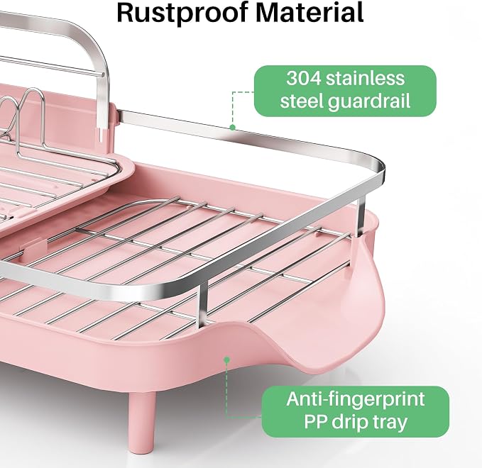SAYZH Expandable Dish Drying Rack for Small Kitchen Counter, Pink | Stainless Steel, Protective Guardrail, Angled Drainboard, Fits High-Rim Sinks, Removable Utensil Holder