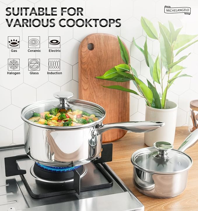 MICHELANGELO 1Qt & 2Qt Tri-ply Stainless Steel Saucepan Set, Small Cooking Pots with Tempered Glass Lids, Induction Ready, Oven & Dishwasher Safe, Multipurpose Sauce Pans for Home Kitchen & Restaurant