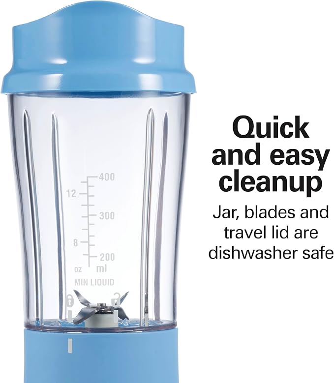 Hamilton Beach Portable Blender for Smoothies With 14 oz. Travel Jar | BPA Free Jar & Lid | Durable Stainless Steel Blades | 300 Watts Peak Power | Personal Smoothie Blender | Blue | 51172G
