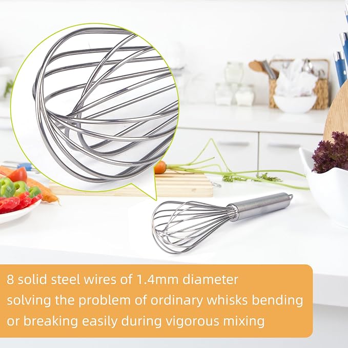 Stainless Steel Small Whisk for Cooking, 8 inches | 8 Thicker Wire Diameters, Bend and Break Resistant, which works great for cups and small containers