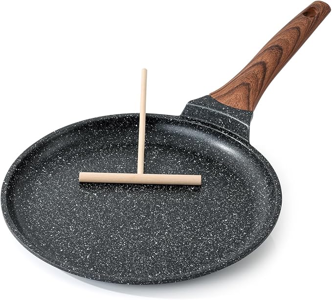 Kordisen Crepe Pan Nonstick, 10 Inch Dosa Pan with Spreader, Granite Coating Comales Para Tortillas Pancake Pan, Flat Bottom for Stove Top, Induction Compatible, PFOA Free