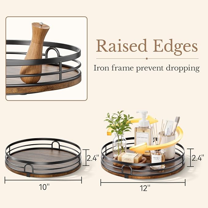 2 Pack 10" 12" Lazy Susan Turntable Organizer for Table Top | Round Wooden Lazy Susan for Cabinet, Countertop, Pantry, Spice, Kitchen, Bathroom Vanity, Coffee, Home Decor