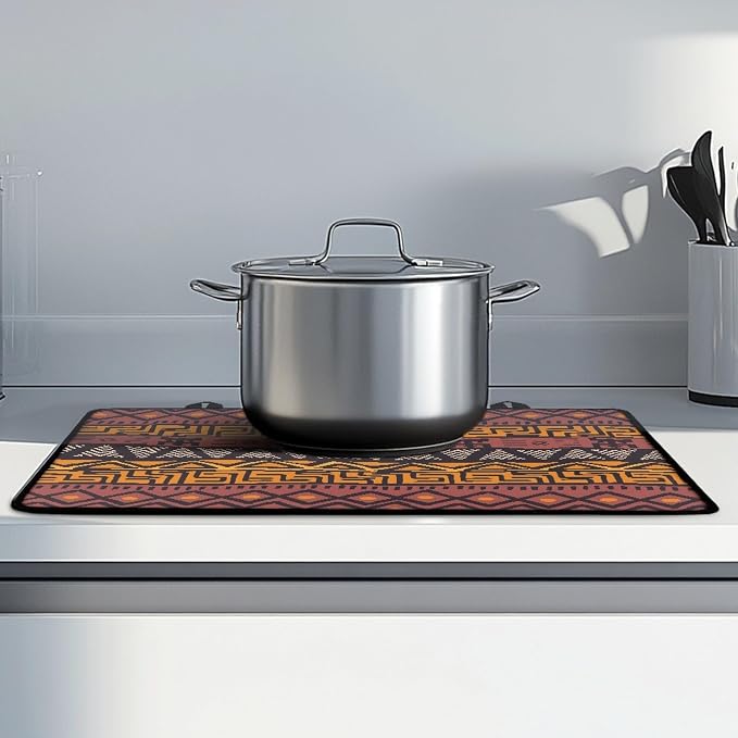 African Tribal Stove Top Covers for Electric Stove | Mud Cloth Pattern, Geometric Ethnic, Glass Top Gas Stove Pad, Heat Resistant, Range Cooktop Mat for Kitchen, 28"x20"