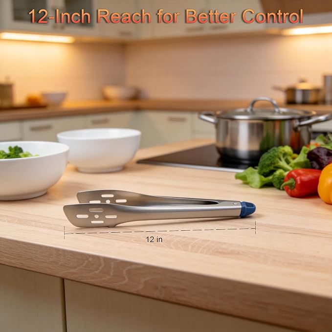 Kitchen Tongs, Food Grade Stainless Steel Cooking Tongs, 12'' | Dishwasher safe, Heat Resistant, Suitable for Grilling, Frying, and Salads