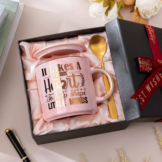 Biching Teacher Appreciation Gifts for Women, Thank You Gifts for Teachers | Best Teacher Mug, End of Year Retirement Graduation Gift from Student 14oz Ceramic Cup with Gold Print, With Spoon, Gift Box