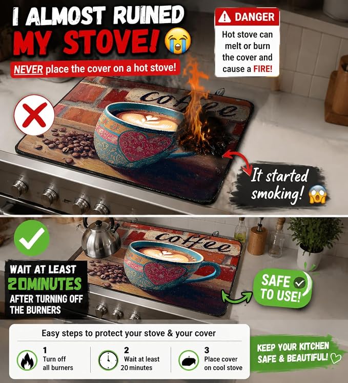 Electric Stove Top Cover for Glass Top, Coffee Cup Brick Cafe – Heat Resistant Flat Stove Top Covers, Decorative Scratch Protector Mat for Glass Ceramic Cooktop, Non-Slip, 28"x20"
