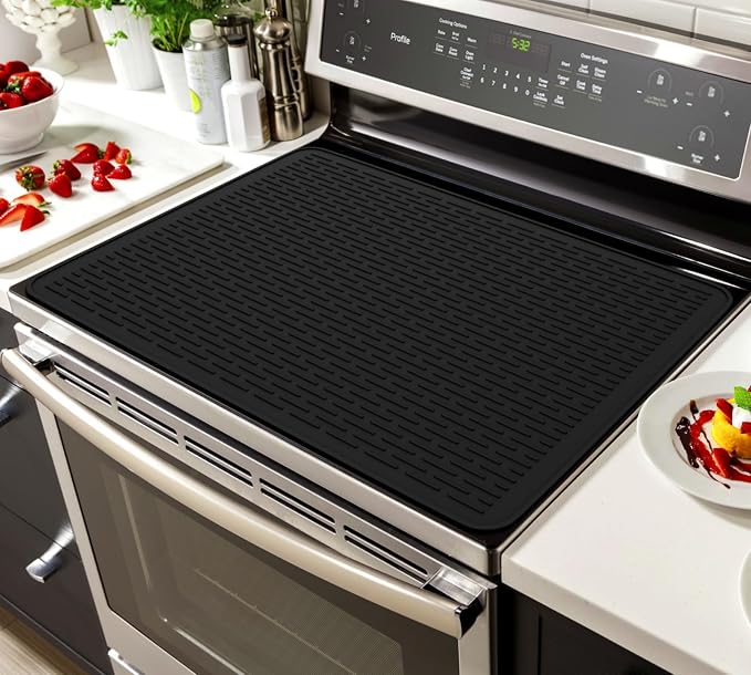 Silicone Stove Top Covers for Electric Stove, 28" x 20" Stovetop Cover, Dish Drying Mat XL for Kitchen, Stove Mat Protector, Heat Resistant Cooktop Cover, Flat Range Stovetop Protector Black (Black)