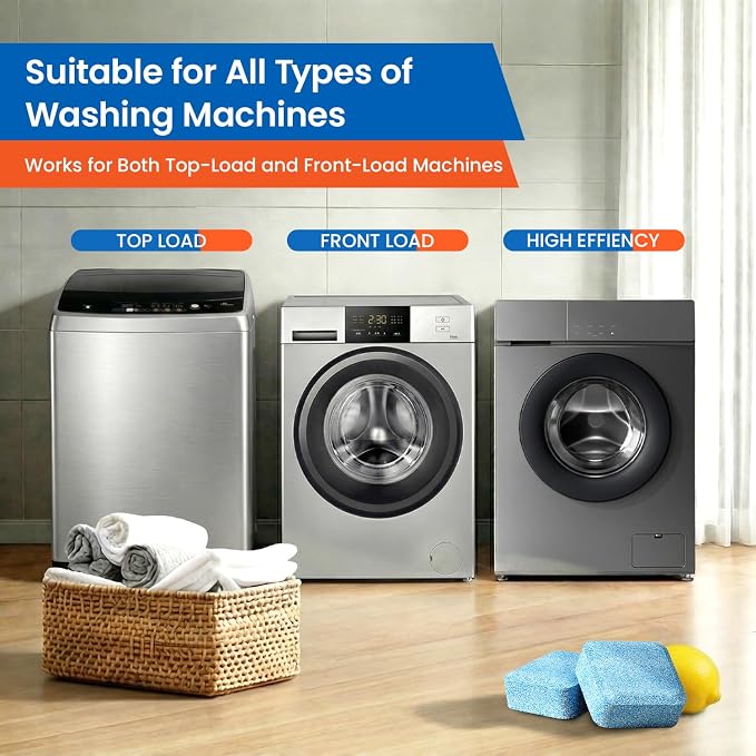 Washing Machine Cleaner tablets, 30 Count - 15 Month Supply, Deep Cleaning Deodorizer for HE Front & Top Loader Laundry Washer, Cleans Inside Drum Pump Valve Hoses, Septic Safe, Lemon Secent
