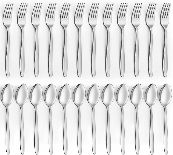 Unokit Forks and Spoons Silverware Set - 24-Piece Food Grade Stainless Steel Silverware for Home, Kitchen and Restaurant, 12 Forks and 12 Spoons