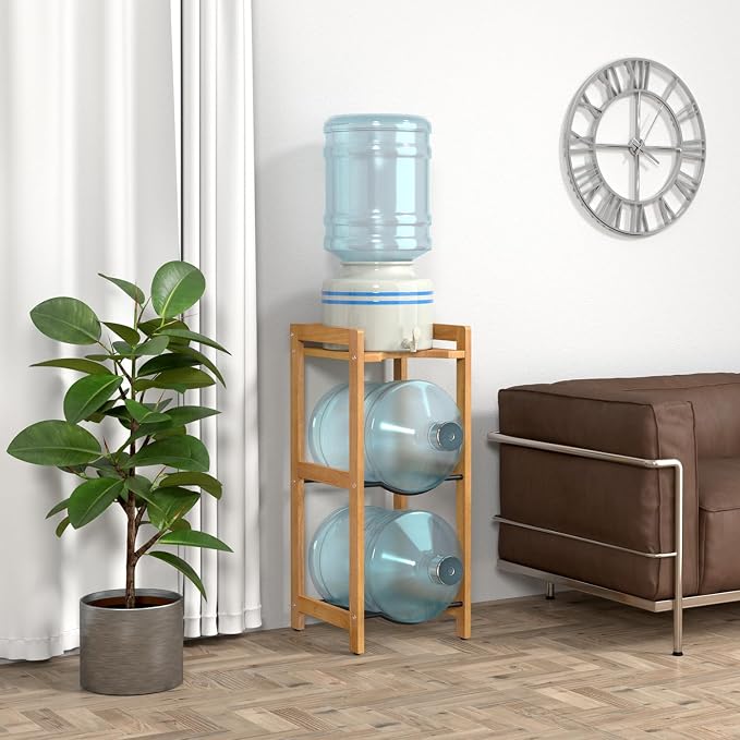 5 Gallon Water Jug Holder with Top Shelves, Natural Solid Wood Water Dispenser Stand 31"H, 3-Tiers 5 Gallon Water Jug Stand, Water Cooler Jug Rack, 5 Gallon Water Bottle Holder with 2 Slot & Top Shelf