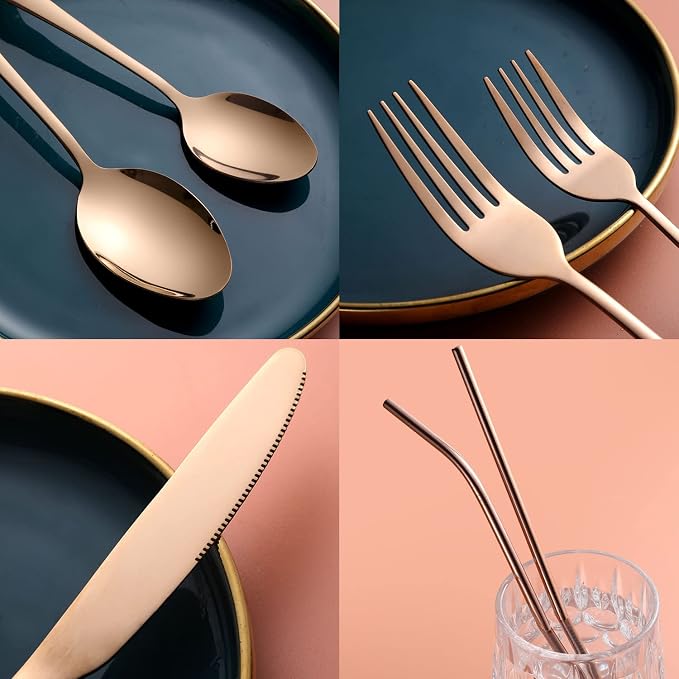 56 Pieces Mirror Rose Gold Silverware Service for 8 Flatware Set Stainless Steel Utensils Cutlery Set Dishwasher Safe