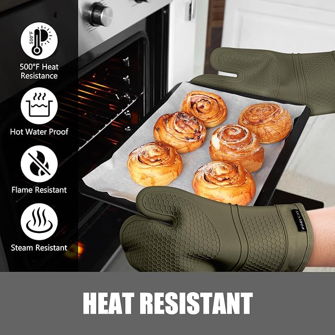 RORECAY Silicone Oven Mitts and Pot Holders Sets, Gloves for Kitchen, Olive | Set of 6 Kitchen Mitts for Baking & Cooking, Heat Resistant 500 ℉, 12.7" Extra Long, Non-Slip & Waterproof, Quilted Cotton