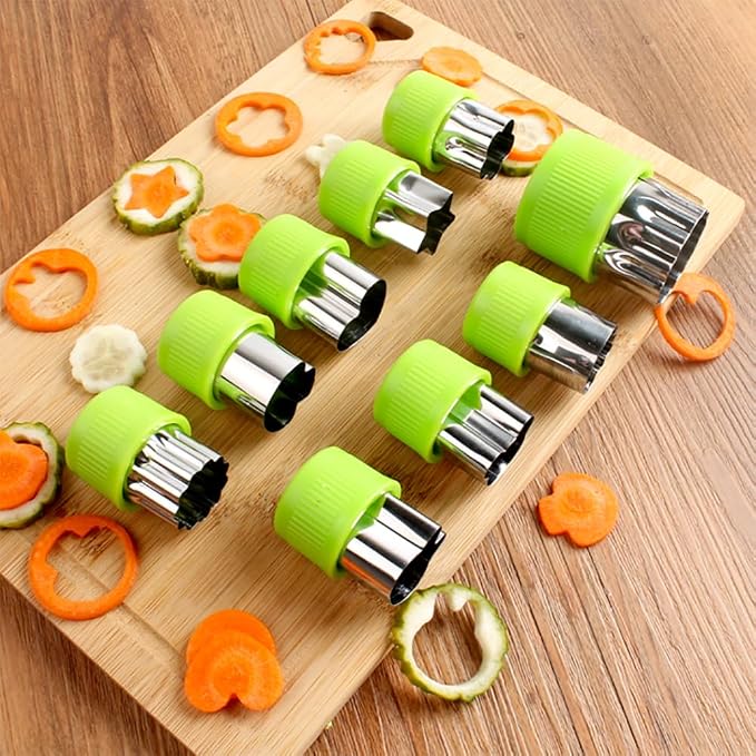 Fruit and Vegetable Cutter Stamp Set 9 Pieces - Love Heart, Star, Flower, Rabbit, Bear, Strawberry, Lace, Mushroom Shapes - Green Mini Pie Cookie Biscuit Mold for Baking | Heart, Star, Flower, Rabbit, Bear, Strawberry, Lace, Mushroom Shapes, Stainless ...