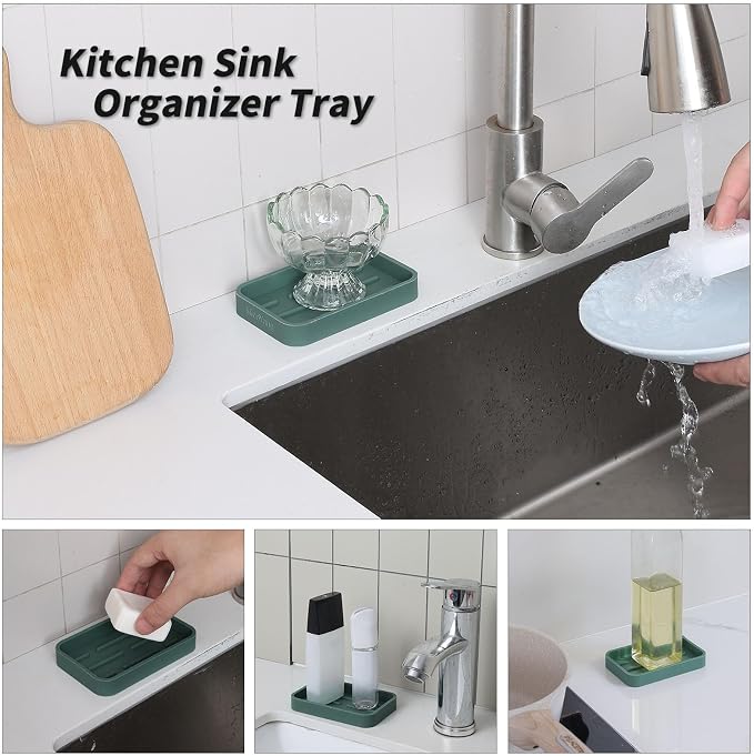 MicoYang Silicone Kitchen Sink Organizer Tray for Multiple Usage,Easy Clean Sponges Holder for Kitchen Bathroom Counter or Sink,Dish Soap Dispenser,Scrubber,Bottle,Cup Green 4.9”x 3.2”