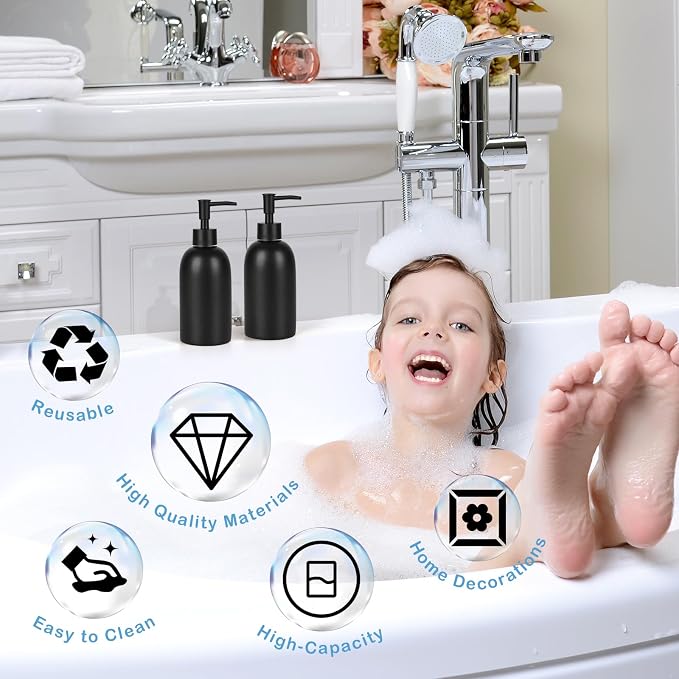 Natheeph Soap Dispenser Fill Dish Soap Hand Soap for Bathroom (2PC Black) | 14OZ, Great for Bathroom/Kitchen Sink, Ceramic Soap Pump Dispenser, Refillable Shampoo, Detergent, Lotion, Shower Gel