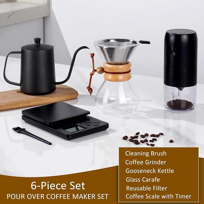 Pour Over Coffee Maker Set, Coffee Pour Over Dripper Kit with Kettle | All in One Coffee Set with Electric Coffee Grinder and Scale, Coffee Dripper Set with Carafe and Filter, Coffee Brewing Kit