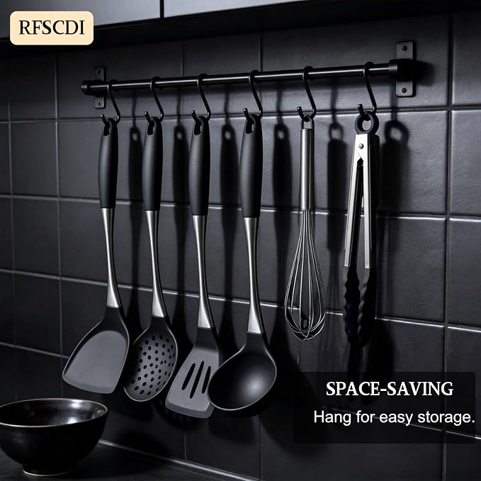 Premium Black Silicone Cooking Utensils Set - Non-Toxic, Heat Resistant& Non-Stick Kitchen Utensils Set with Spatula, Spoon, Whisk, Tongs, BPA Free, Dishwasher Safe, Black