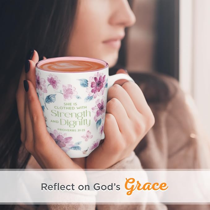 Christian Art Gifts Inspirational Ceramic Coffee & Tea Mug for Women: Strength & Dignity Encouraging Bible Verse Proverb, Microwave & Dishwasher Safe, White, Pink & Fuchsia Floral, 12 oz. (Pack of 2)