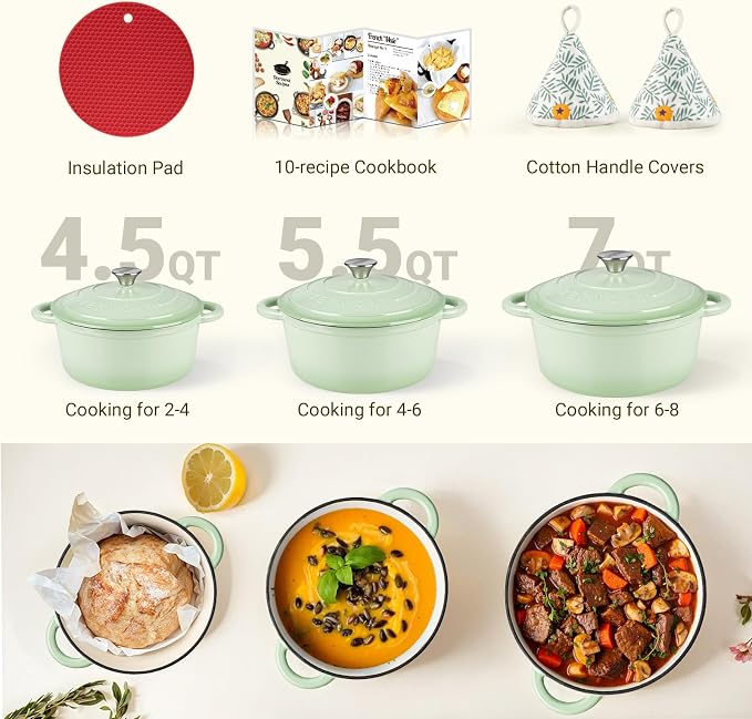 Overmont Enameled Cast Iron Dutch Oven - 7QT Pot with Lid Cookbook & Cotton Potholders - Heavy-Duty Cookware for Braising, Stews, Roasting, Bread Baking Verdant