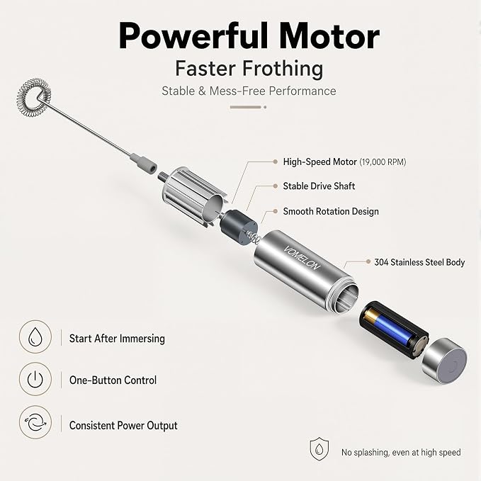Milk Frother Handheld, Battery Operated Travel Coffee Frother Milk Foamer Drink Mixer with 2 Stainless Steel Whisks for Hot Chocolate, Batteries Included, Silver
