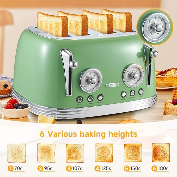 Wiltal 4 Slice Toaster, Retro Green Toaster, Bagel, With Stainless Steel Lid. Reheat, Defrost and Cancel Functions, Countdown Function, 6 Browning Levels, Stainless Steel Material, TR03