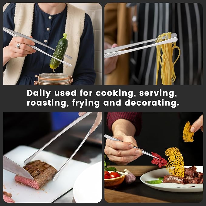 HOTEC Kitchen Tweezers Tongs Stainless Steel Professional Chef Tweezers, Set of 2-12inch Extra-Long Food Tongs for Cooking,Grill and Baking