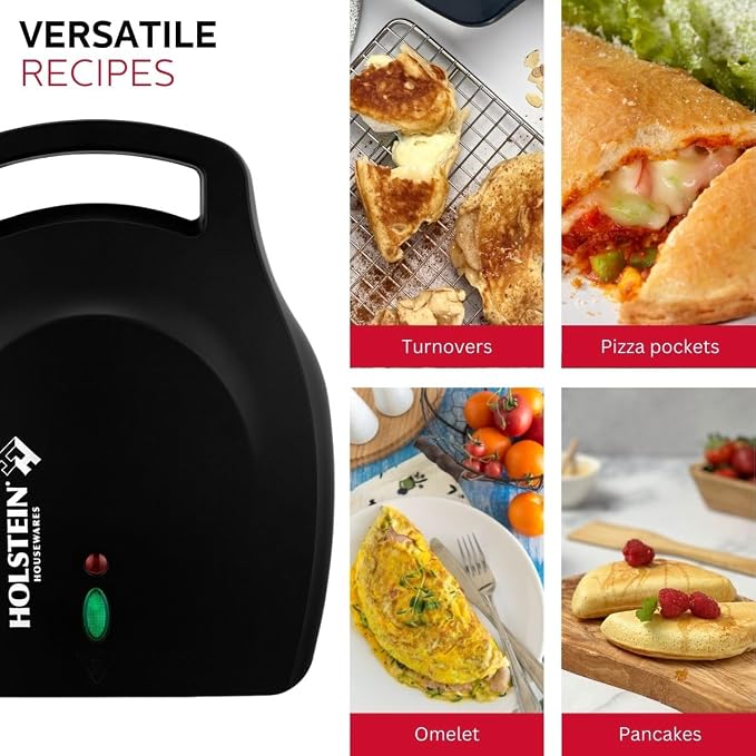 Holstein Housewares Stainless Steel 4 Section Omelet Maker, Non Stick Coating, Mess Free Cooking, Easy Cleaning, Indicator Lights, Upright Storage & Anti Slip Feet For Quick Meals. 4 Portions, Black