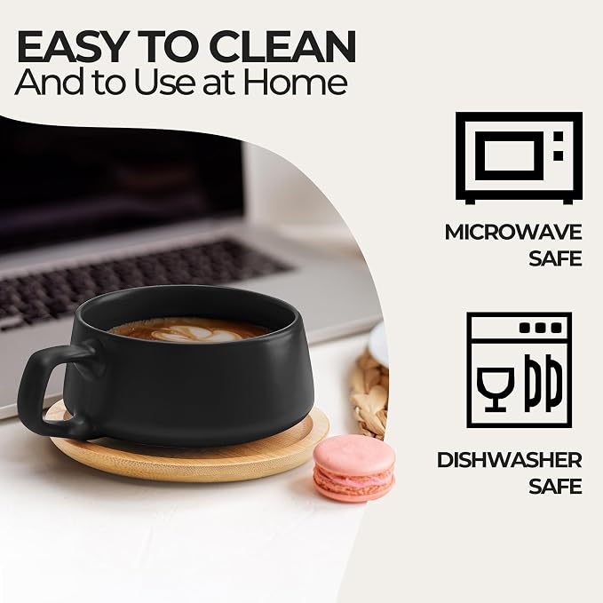 MIAMIO - Cappuccino Cup Set of 4, Ceramic (9.5oz) - Luxe (Black) | Ceramic cappuccino cups and saucers, wide latte cups and mugs for Americano, 4-piece set of ceramic cups - dishwasher safe