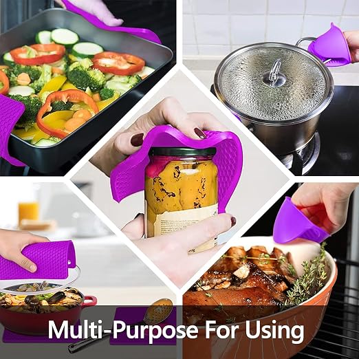 6pcs Silicone Oven Mitts and Pot Holders Sets for Kitchen, Purple | 500°F heat resistant, cotton lining, honeycomb non-slip texture, 15-inch forearm protection, baking cooking gloves