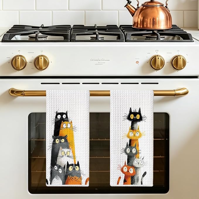 2 Pcs Cute Cat Kitchen Towels, Funny Cats Gifts Absorbent Hand Towels-04 | Cat Dish Cloths for Drying Dishes, Cats Waffle Dish Towels for Kitchen Home Bathroom Decor, Cat Lover Gifts for Women Mom